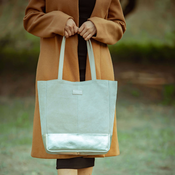 'PAIGE' Grey Real Leather + Silver Metallic Leather Tote Bag