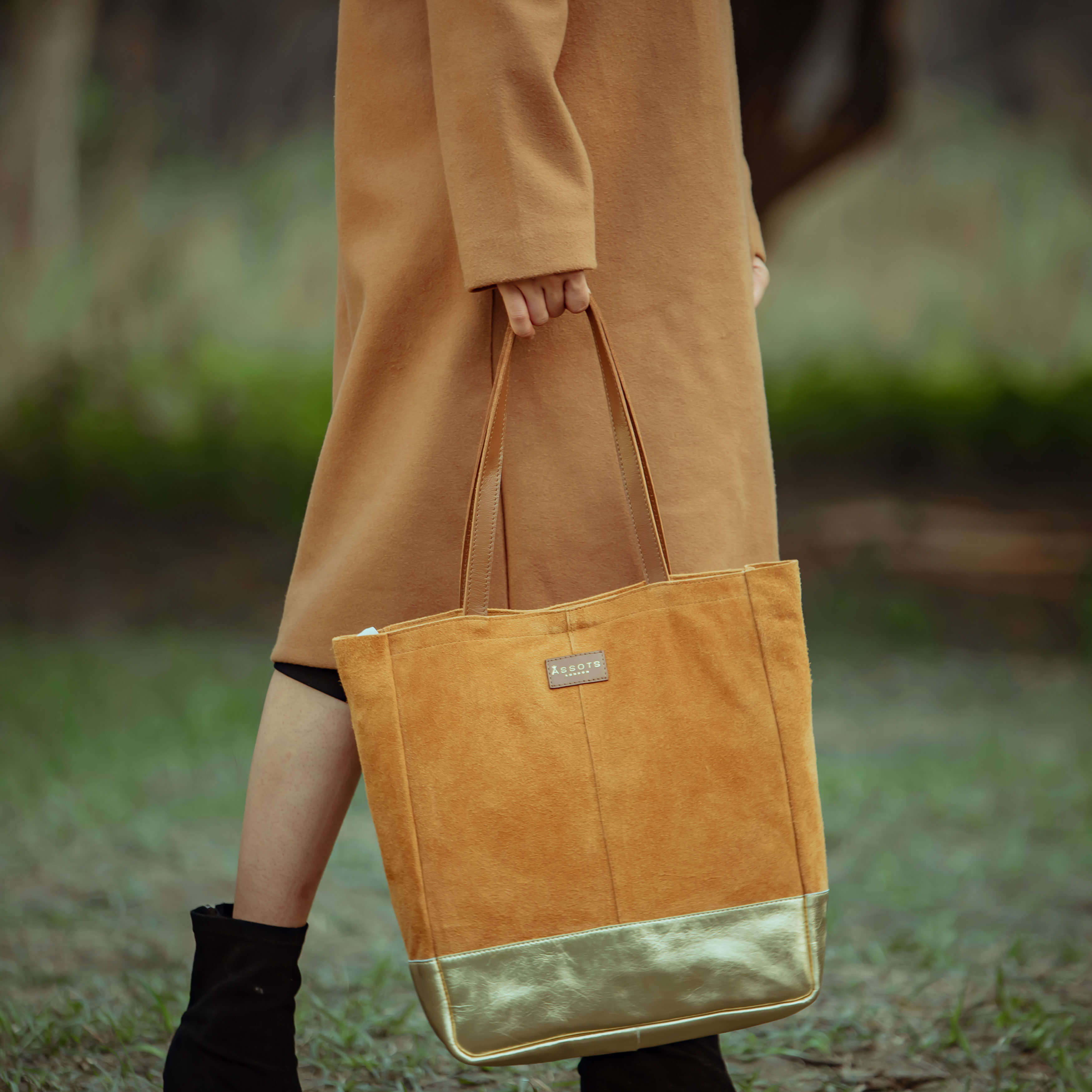 'PAIGE' Tan Real Leather + Yellow Gold Metallic Leather Tote Bag