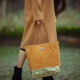 'PAIGE' Tan Real Leather + Yellow Gold Metallic Leather Tote Bag
