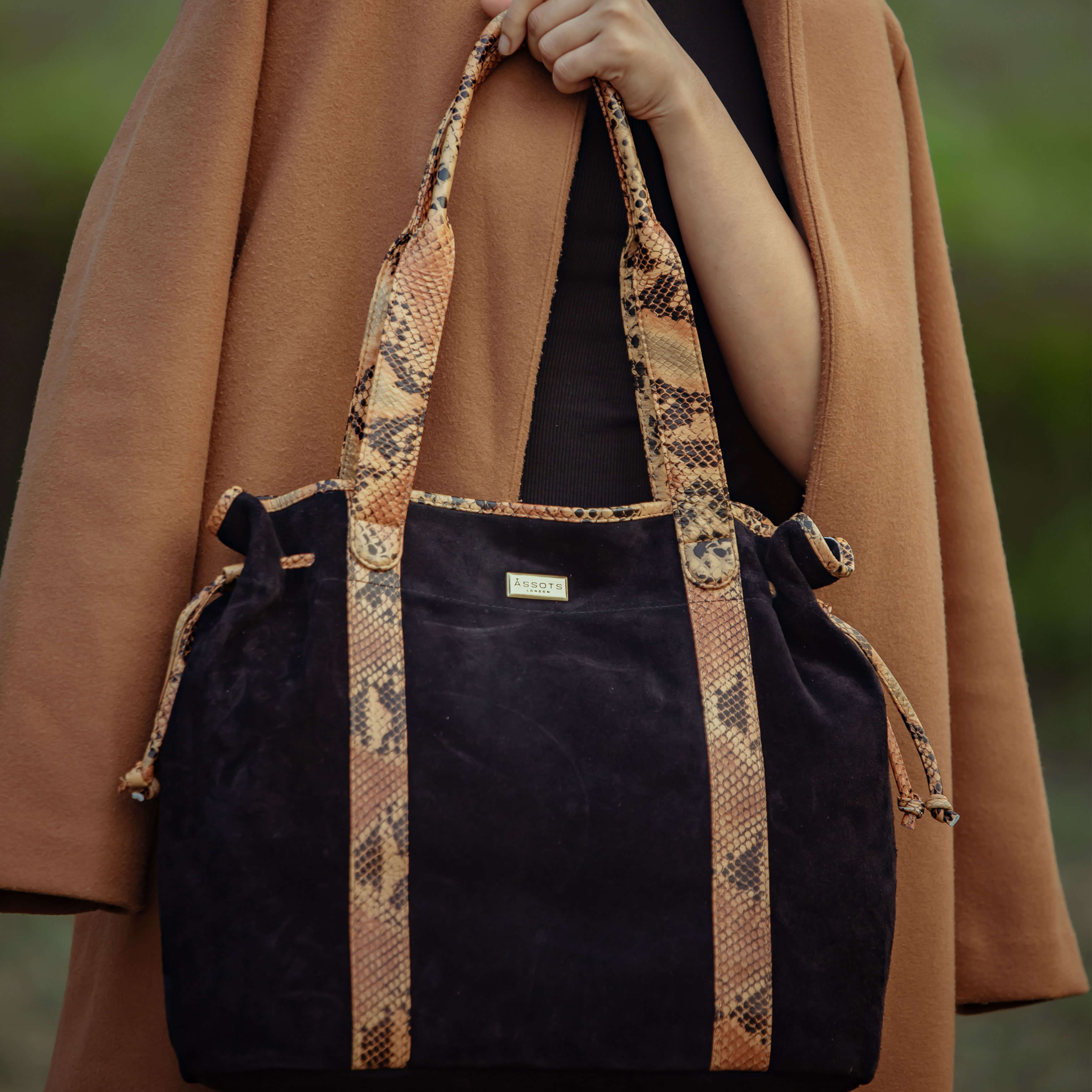 'POLLY' Black Real Suede Leather Oversized Designer Tote Bag