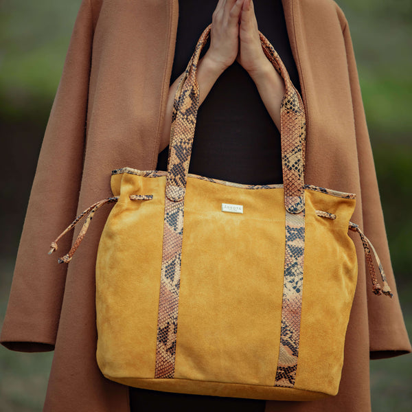 'POLLY' Mustard Real Suede Leather Oversized Designer Tote Bag