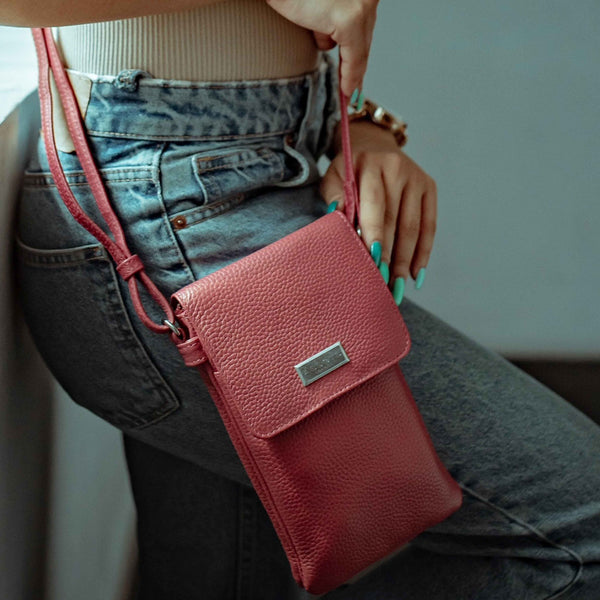 'MARIA' Pink Pebble Grain Real Leather Crossbody Phone Bag