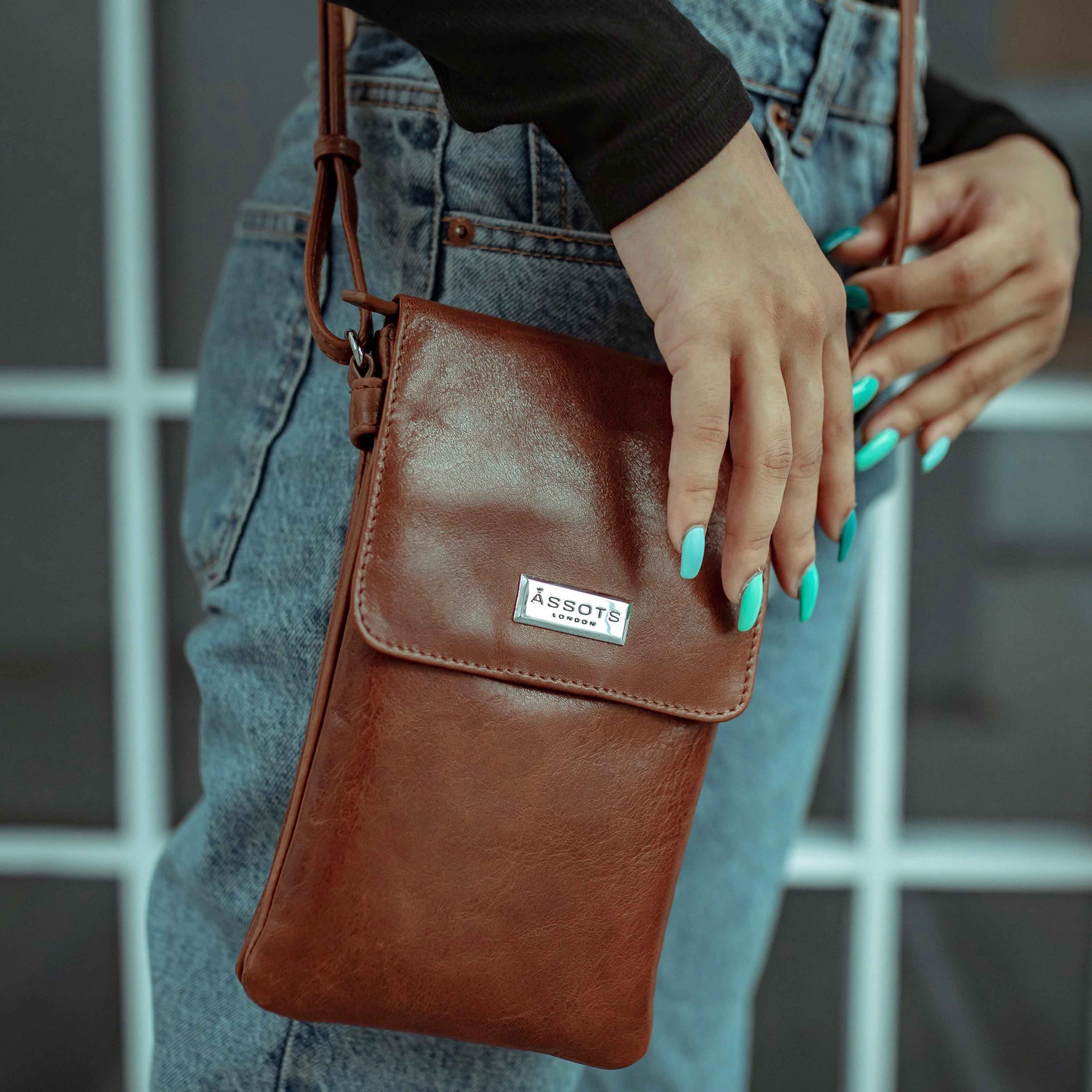'MARIA' Cognac Vintage Real Leather Crossbody Phone Bag