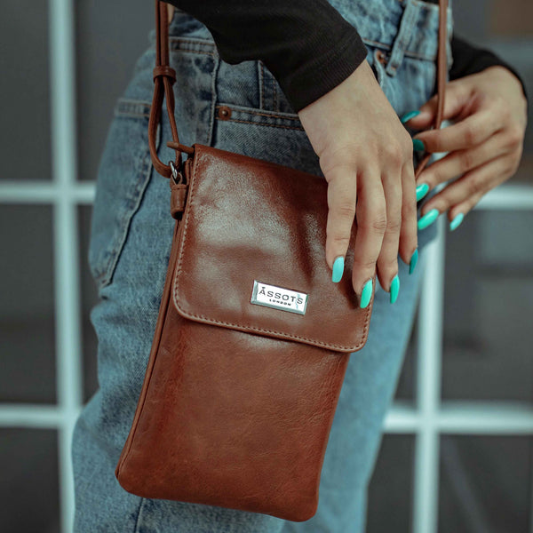 'MARIA' Cognac Vintage Real Leather Crossbody Phone Bag