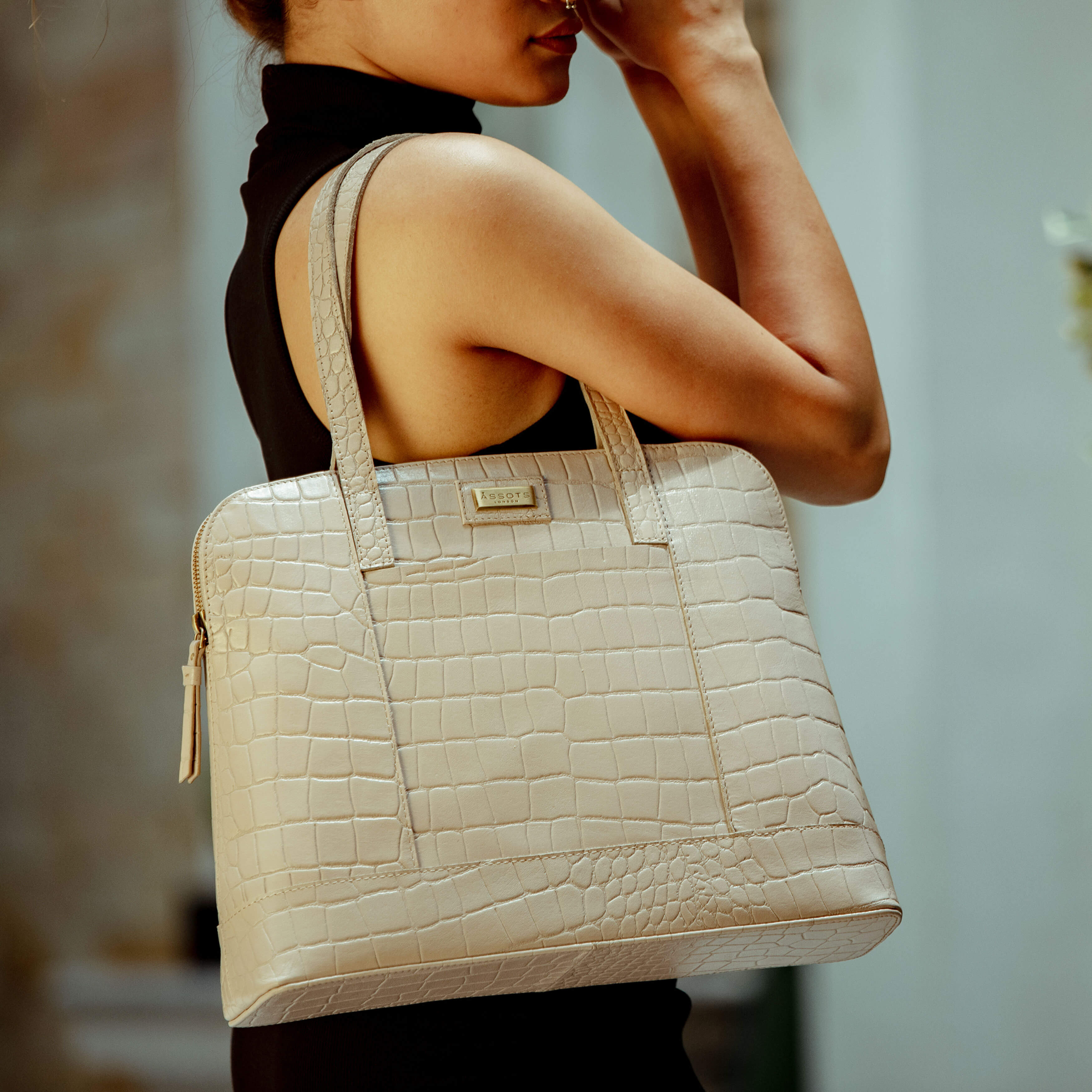 'Eva' Off White Croc Real Leather Designer Unlined Tote Bag