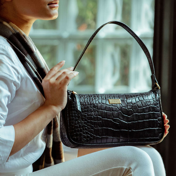 'ZARA' Black Croc Real Leather Baguette Shoulder Bag