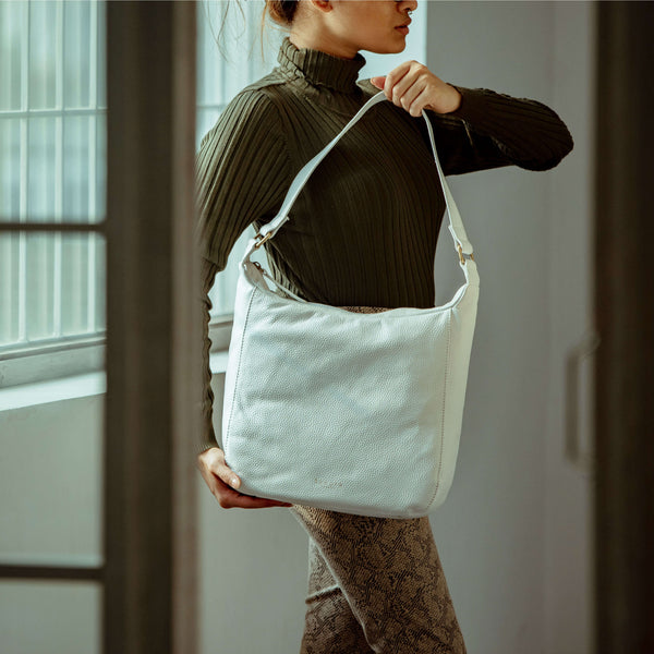'BIANCA' White Pebble Grain Leather Slouchy Hobo Bag
