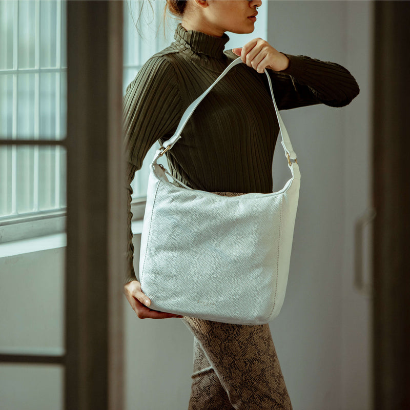 'BIANCA' White Pebble Grain Leather Slouchy Hobo Bag