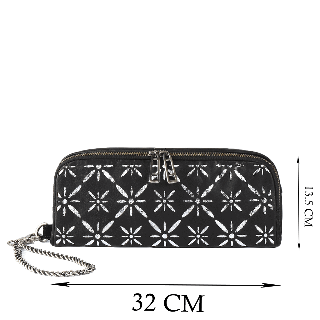 'HOLBORN' Metallic Silver and Black Floral Designer Leather Clutch Bag