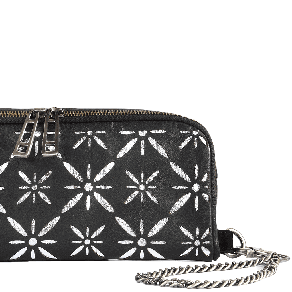 'HOLBORN' Metallic Silver and Black Floral Designer Leather Clutch Bag