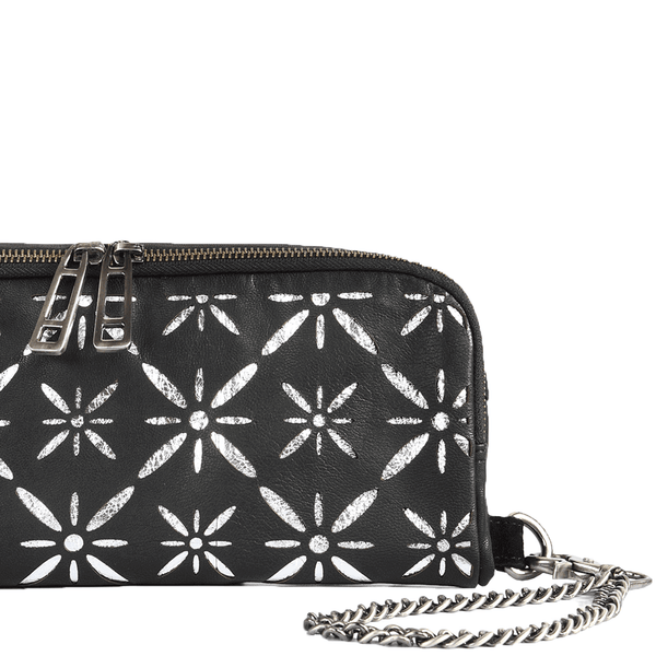 'HOLBORN' Metallic Silver and Black Floral Designer Leather Clutch Bag
