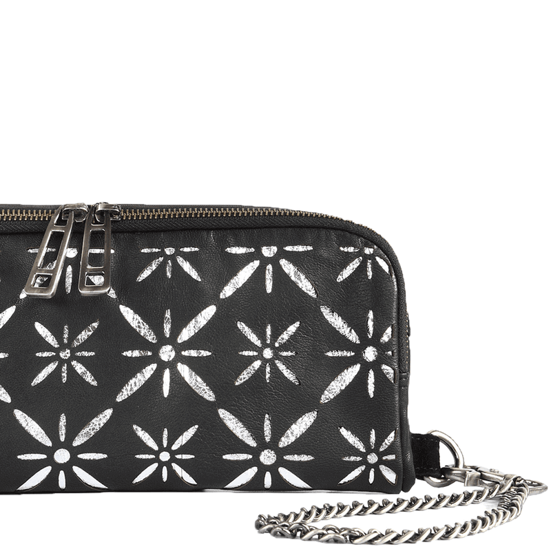'HOLBORN' Metallic Silver and Black Floral Designer Leather Clutch Bag