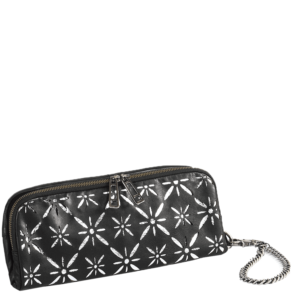 'HOLBORN' Metallic Silver and Black Floral Designer Leather Clutch Bag