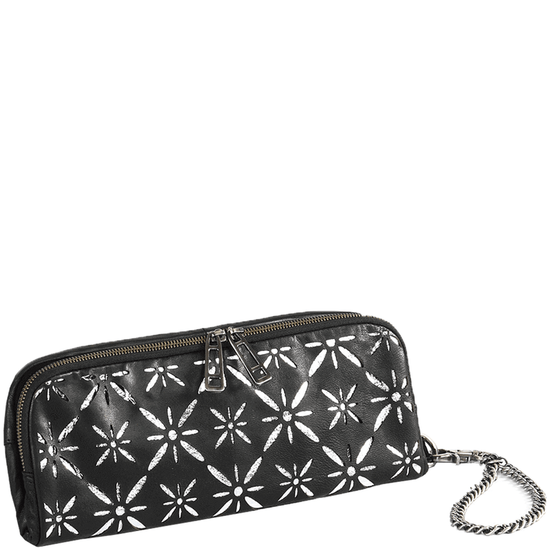 'HOLBORN' Metallic Silver and Black Floral Designer Leather Clutch Bag