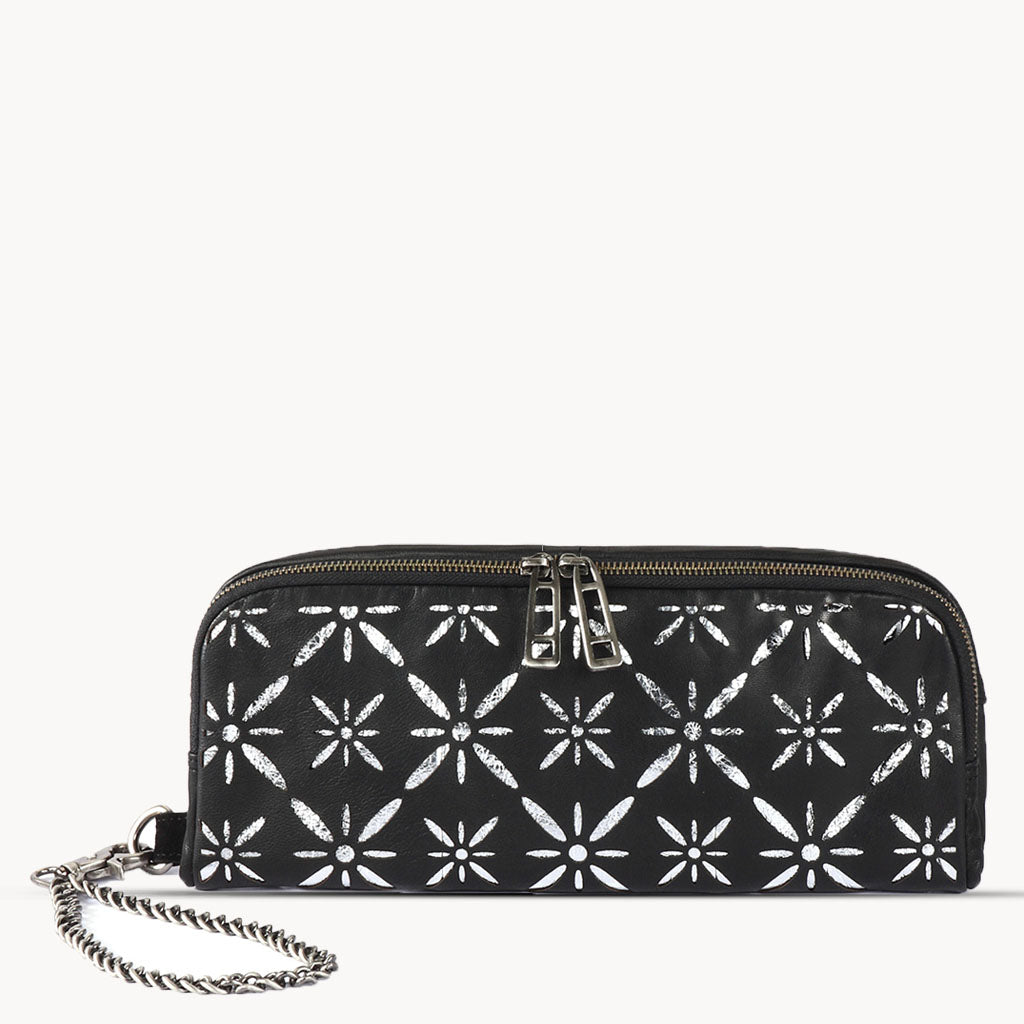 'HOLBORN' Metallic Silver and Black Floral Designer Leather Clutch Bag