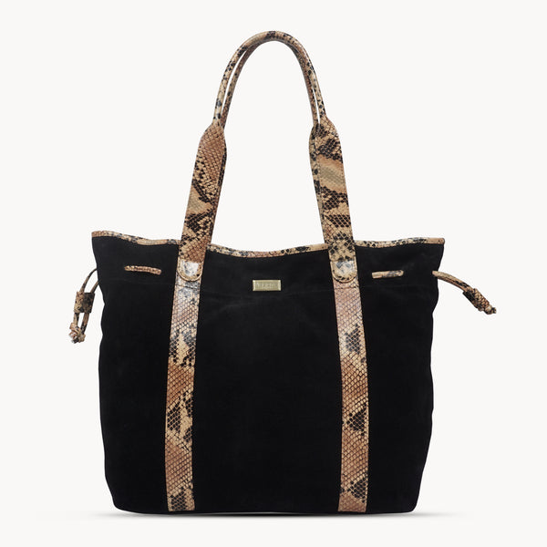 'POLLY' Black Real Suede Leather Oversized Designer Tote Bag