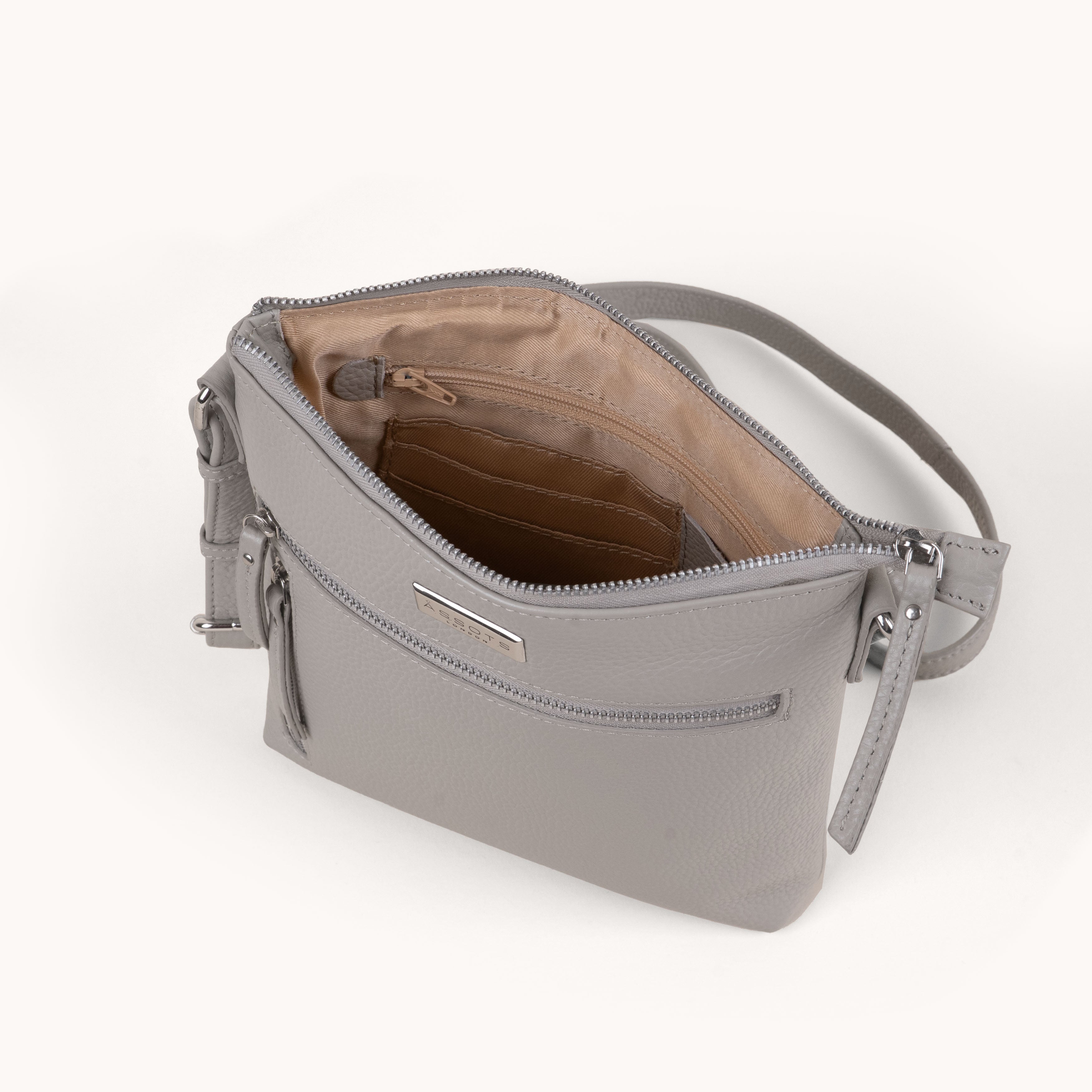 'RUE' Fog Grey Pebble Grain Real Leather Crossbody Bag