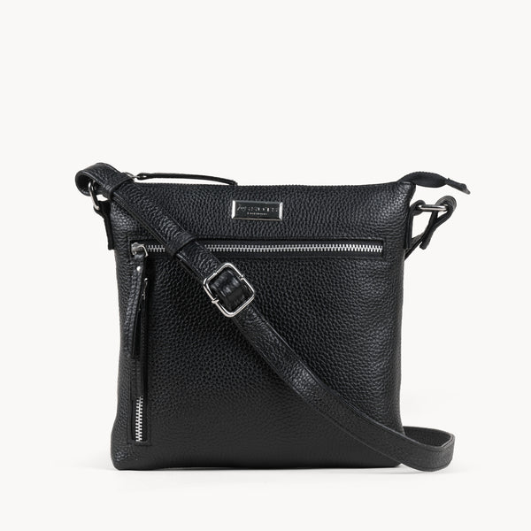 'RUE' Black Pebble Grain Real Leather Crossbody Bag
