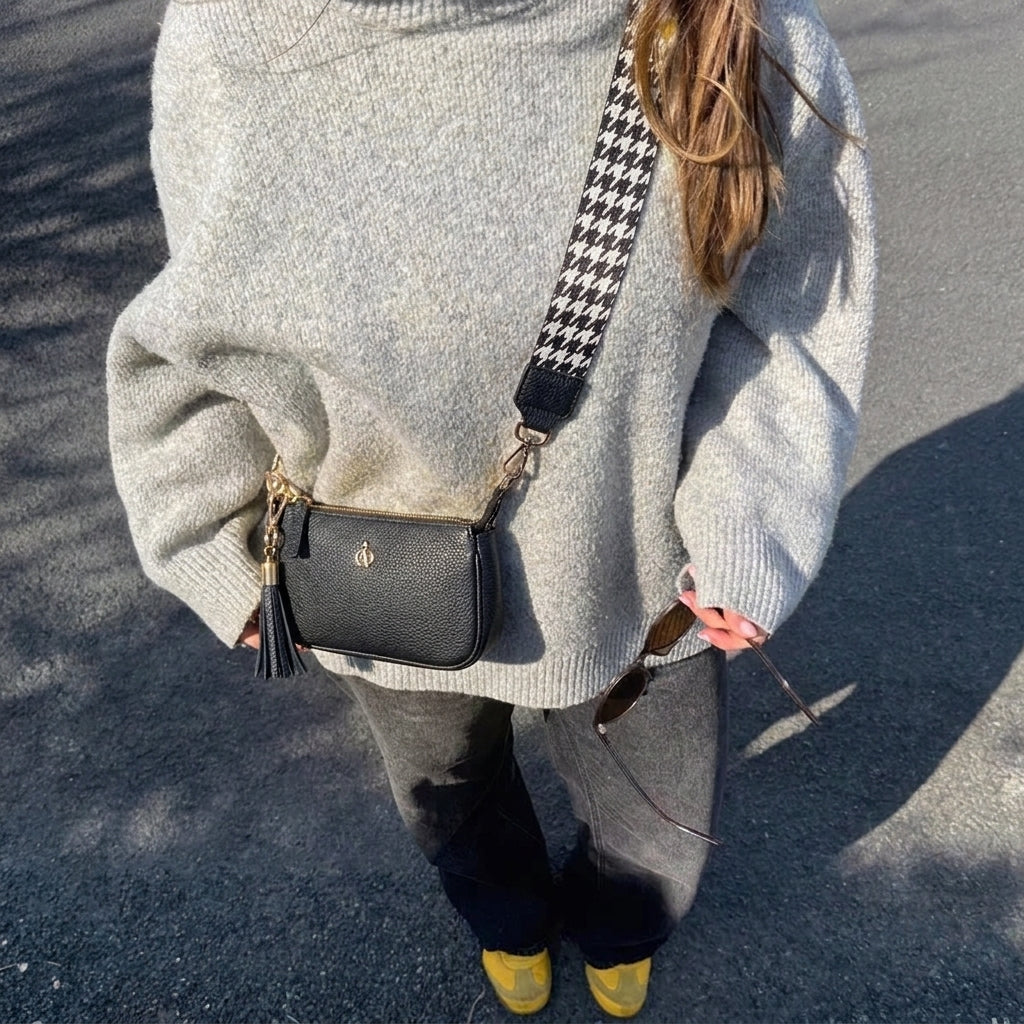 'ROSE' Black Pebble Grain Real Leather Shoulder Bag