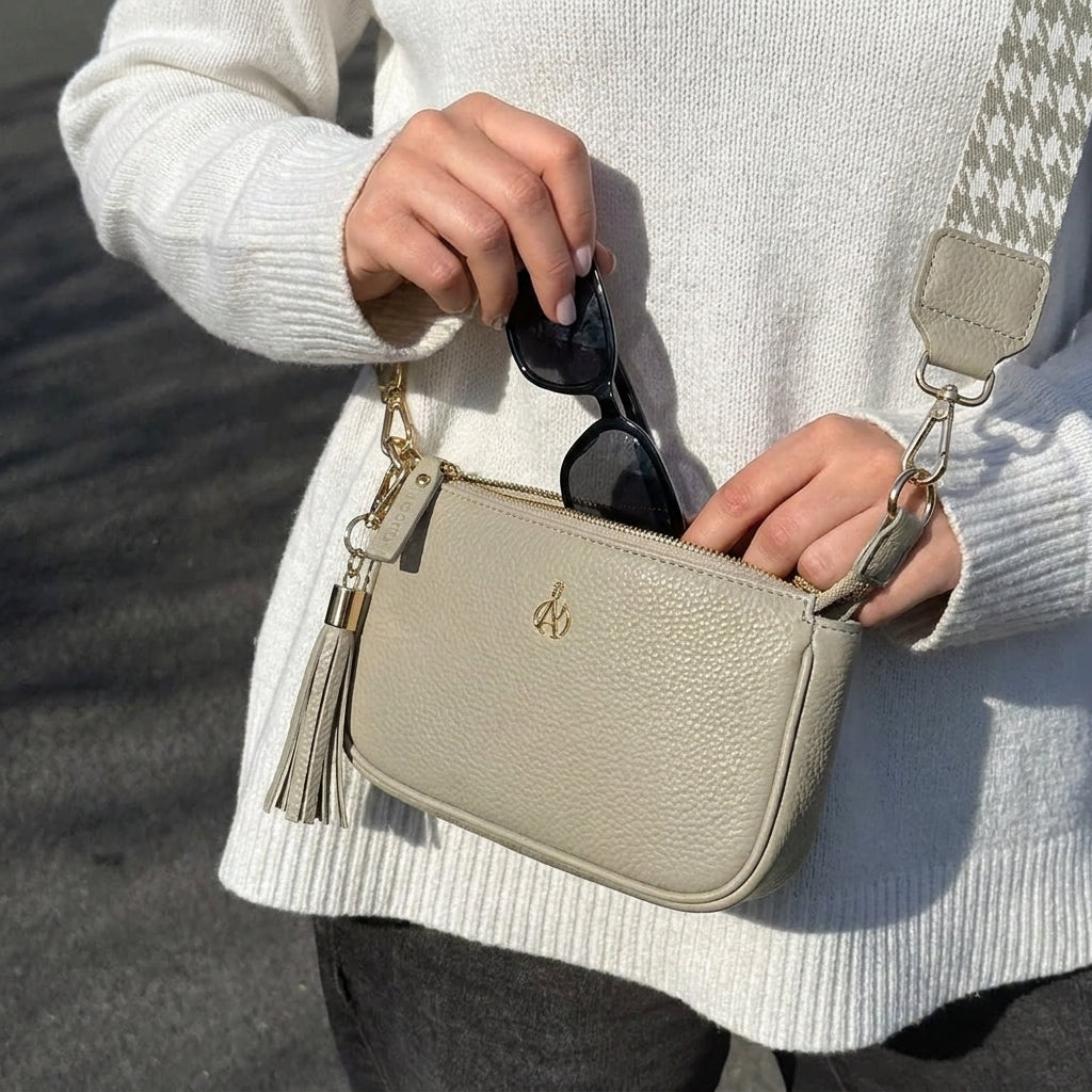 'ROSE' Fog Grey Pebble Grain Real Leather Shoulder Bag