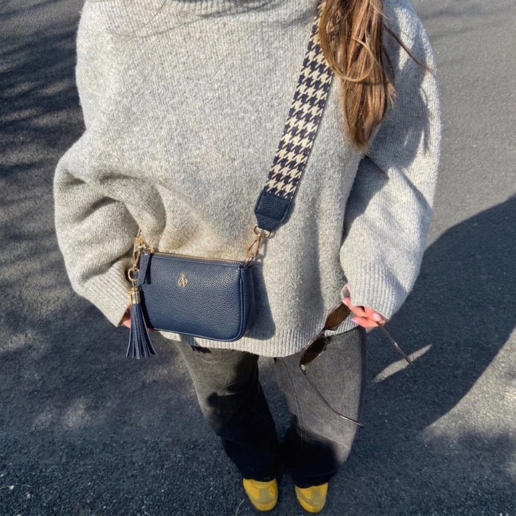 'ROSE' Navy Pebble Grain Real Leather Shoulder Bag