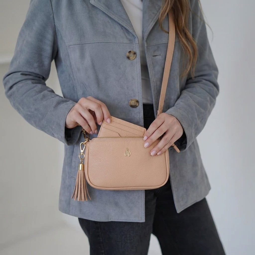 'ROSE' Peach Pebble Grain Real Leather Shoulder Bag