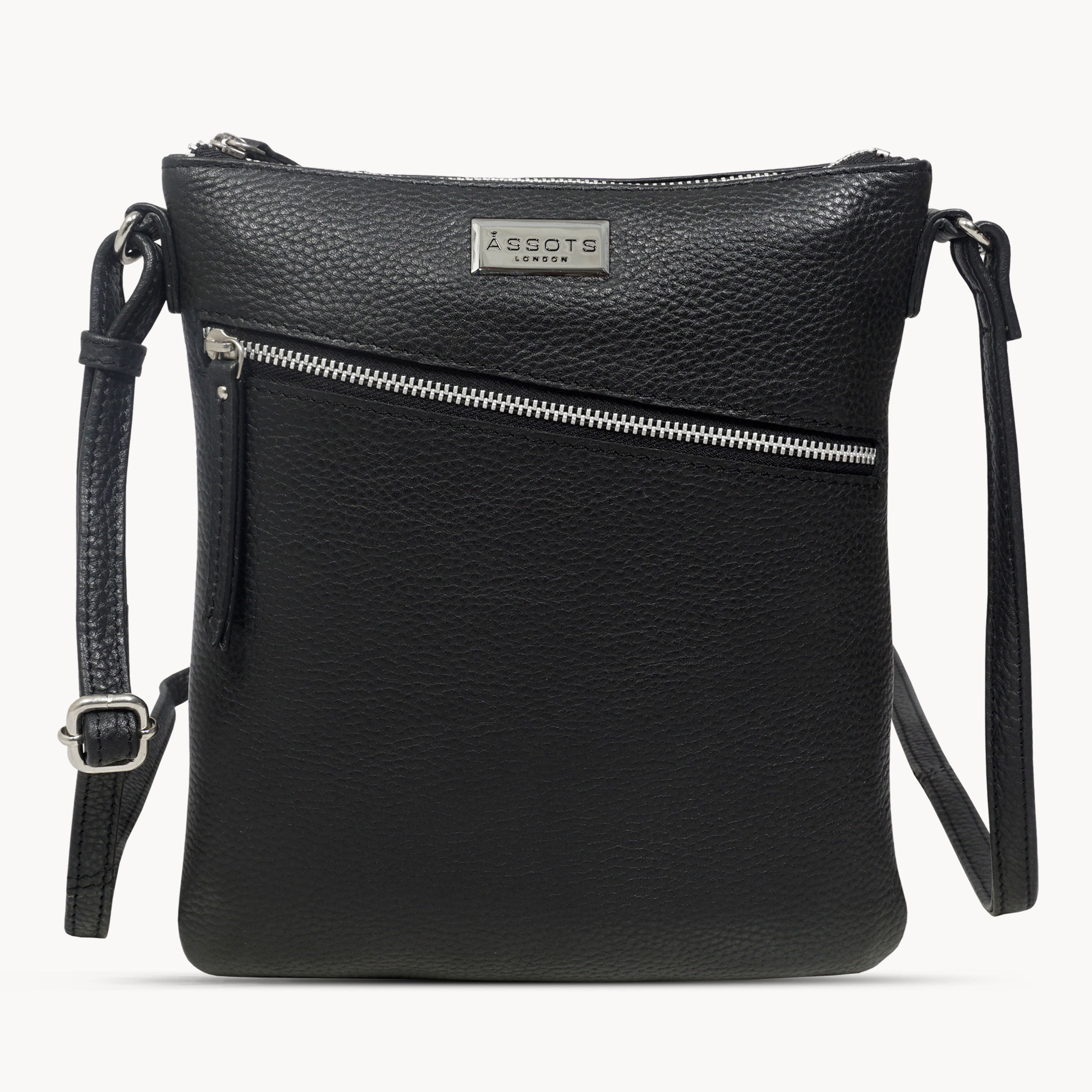 'ROSY' Black Pebble Grain Soft Real Leather Crossbody Bag