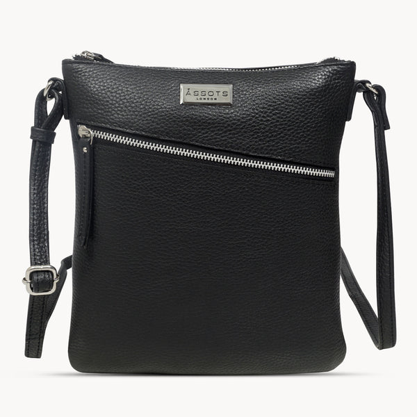 'ROSY' Black Pebble Grain Soft Real Leather Crossbody Bag