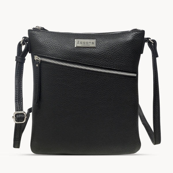 'ROSY' Black Pebble Grain Soft Real Leather Crossbody Bag