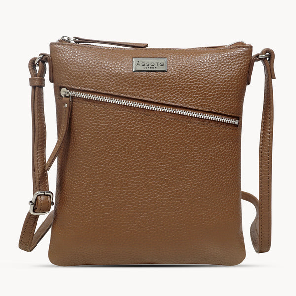 'ROSY' Tan Pebble Grain Soft Real Leather Crossbody Bag