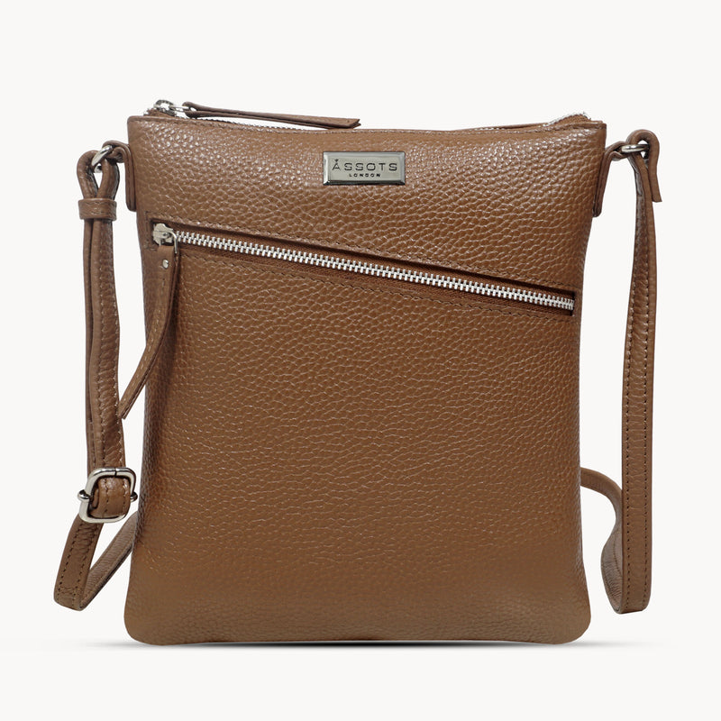 'ROSY' Tan Pebble Grain Soft Real Leather Crossbody Bag