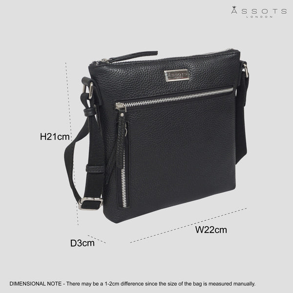 'RUE' Black Pebble Grain Real Leather Crossbody Bag