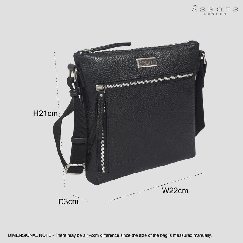 'RUE' Black Pebble Grain Real Leather Crossbody Bag