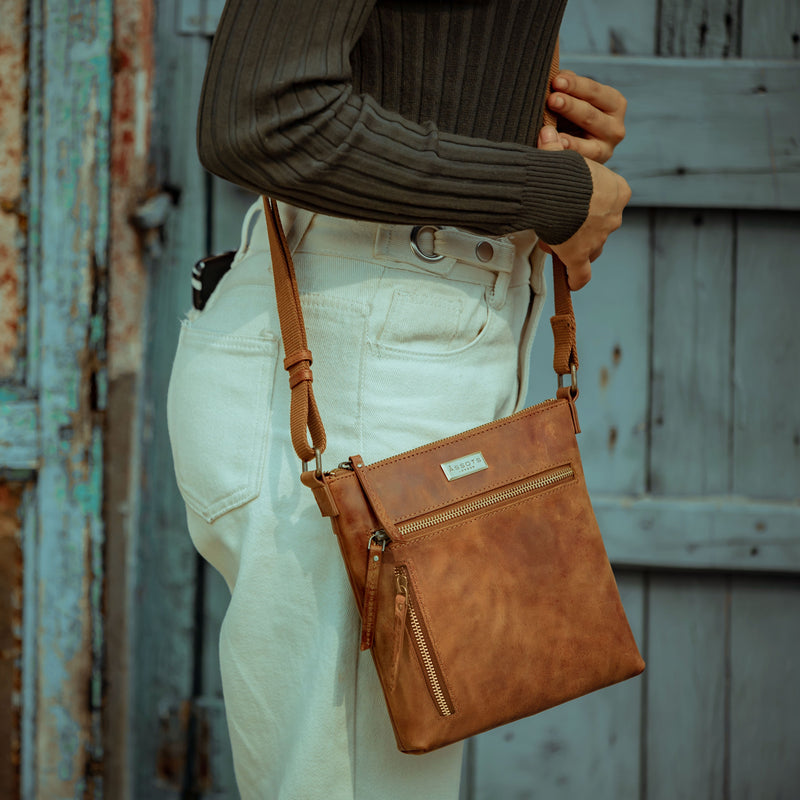 'RUE' Distressed Tan Real Leather Crossbody Bag