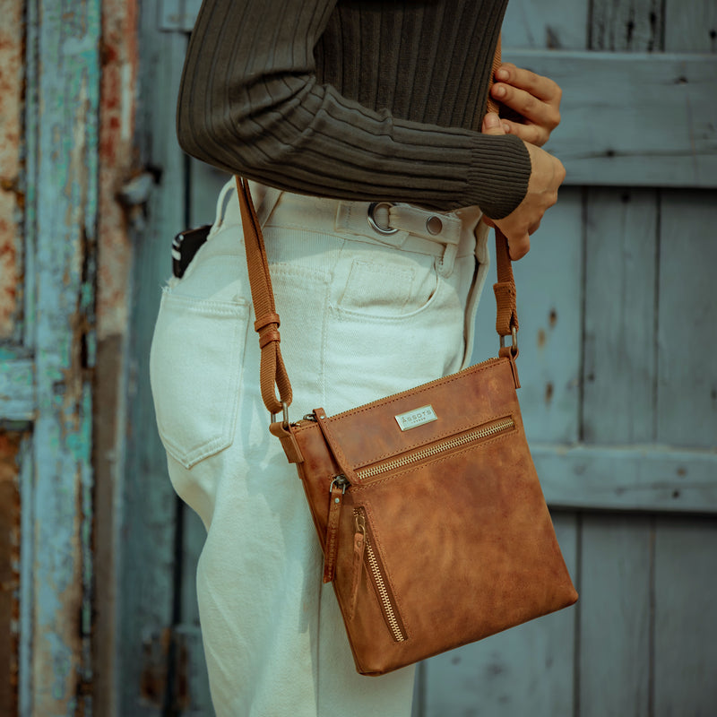 Distressed Tan Real Vintage Leather Crossbody Bag for Women