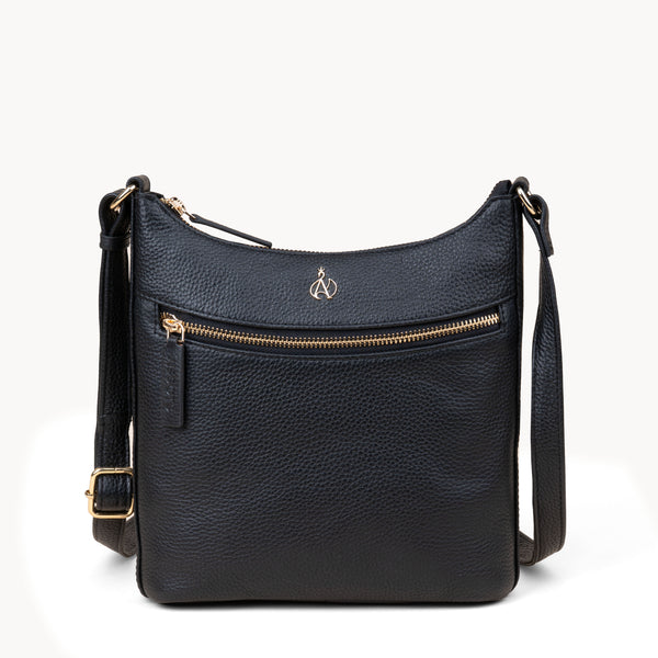 'SALLY' Black Pebble Grain Real Leather Crossbody Bag