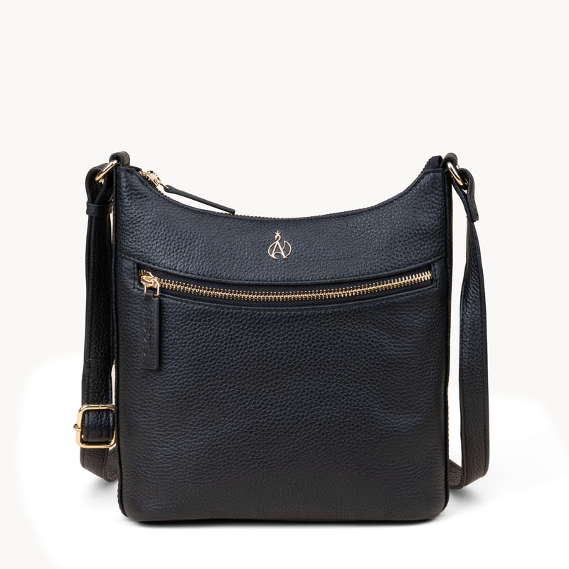 'SALLY' Black Pebble Grain Real Leather Crossbody Bag