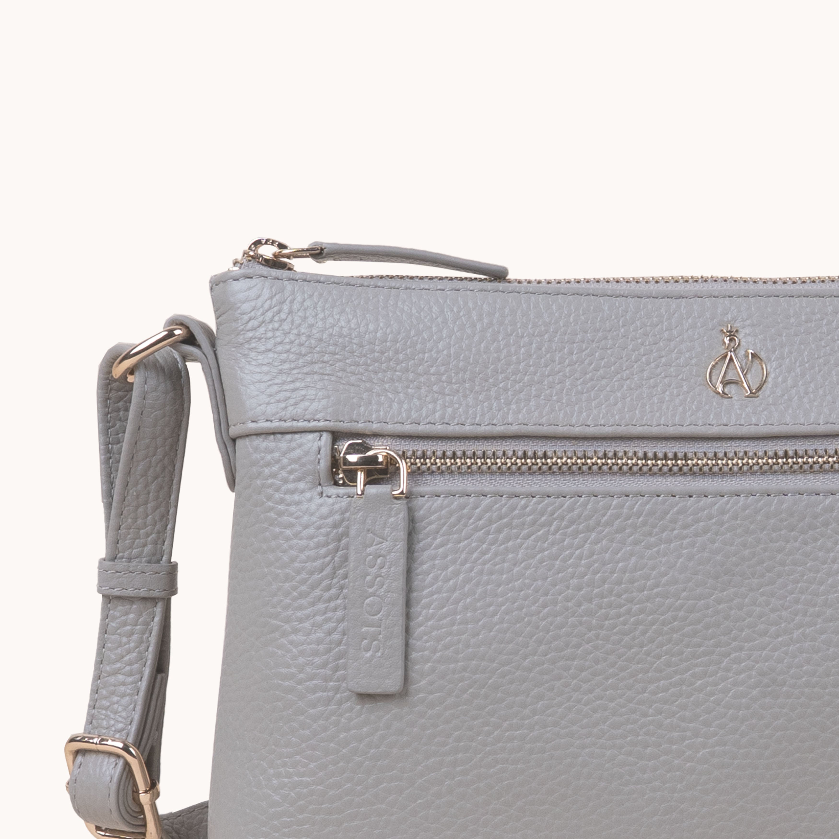 'BECKY' Fog Grey Pebble Grain Real Leather Crossbody Bag