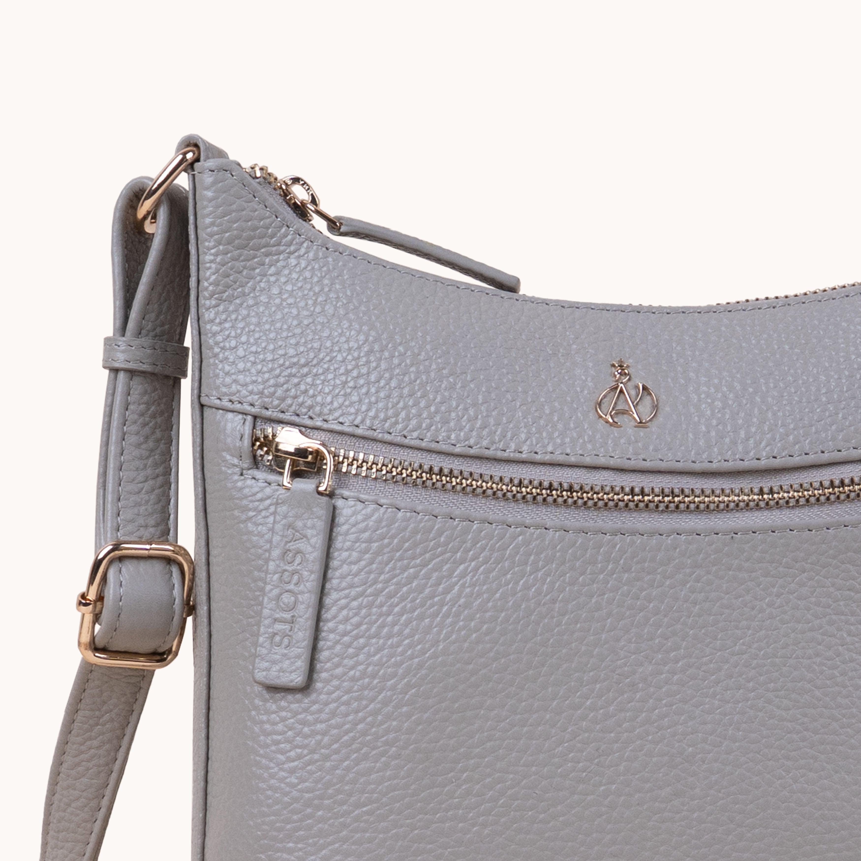 'SALLY' Fog Grey Pebble Grain Real Leather Crossbody Bag