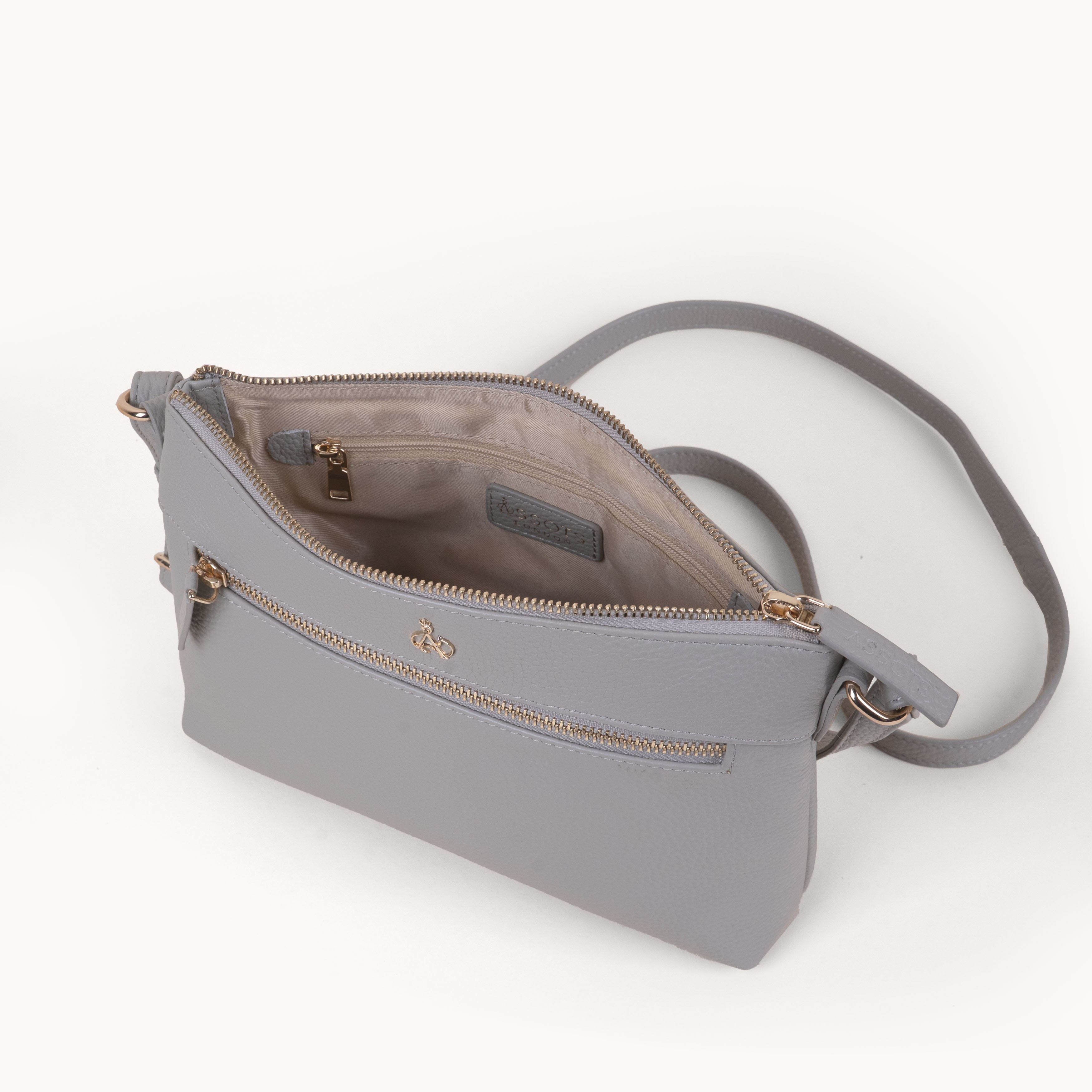 'BECKY' Fog Grey Pebble Grain Real Leather Crossbody Bag