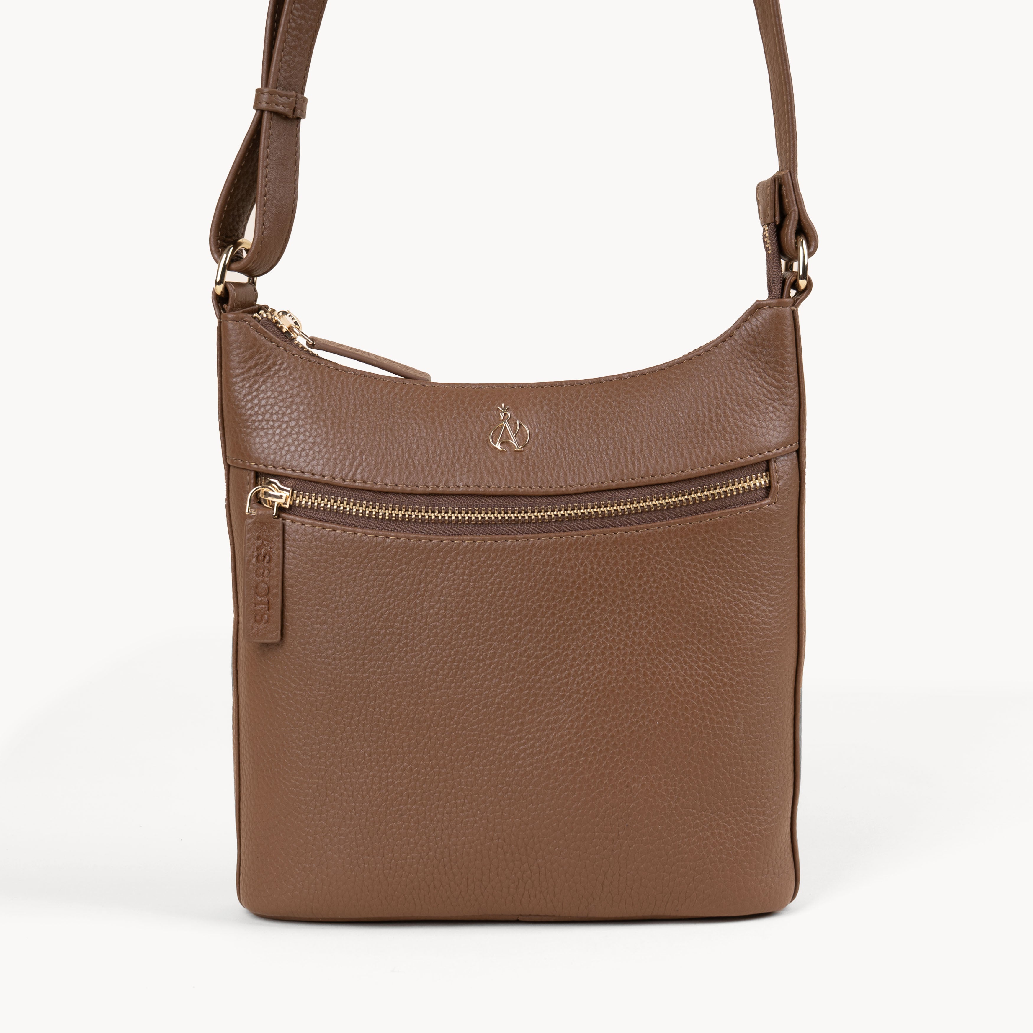 'SALLY' Tan Pebble Grain Real Leather Crossbody Bag