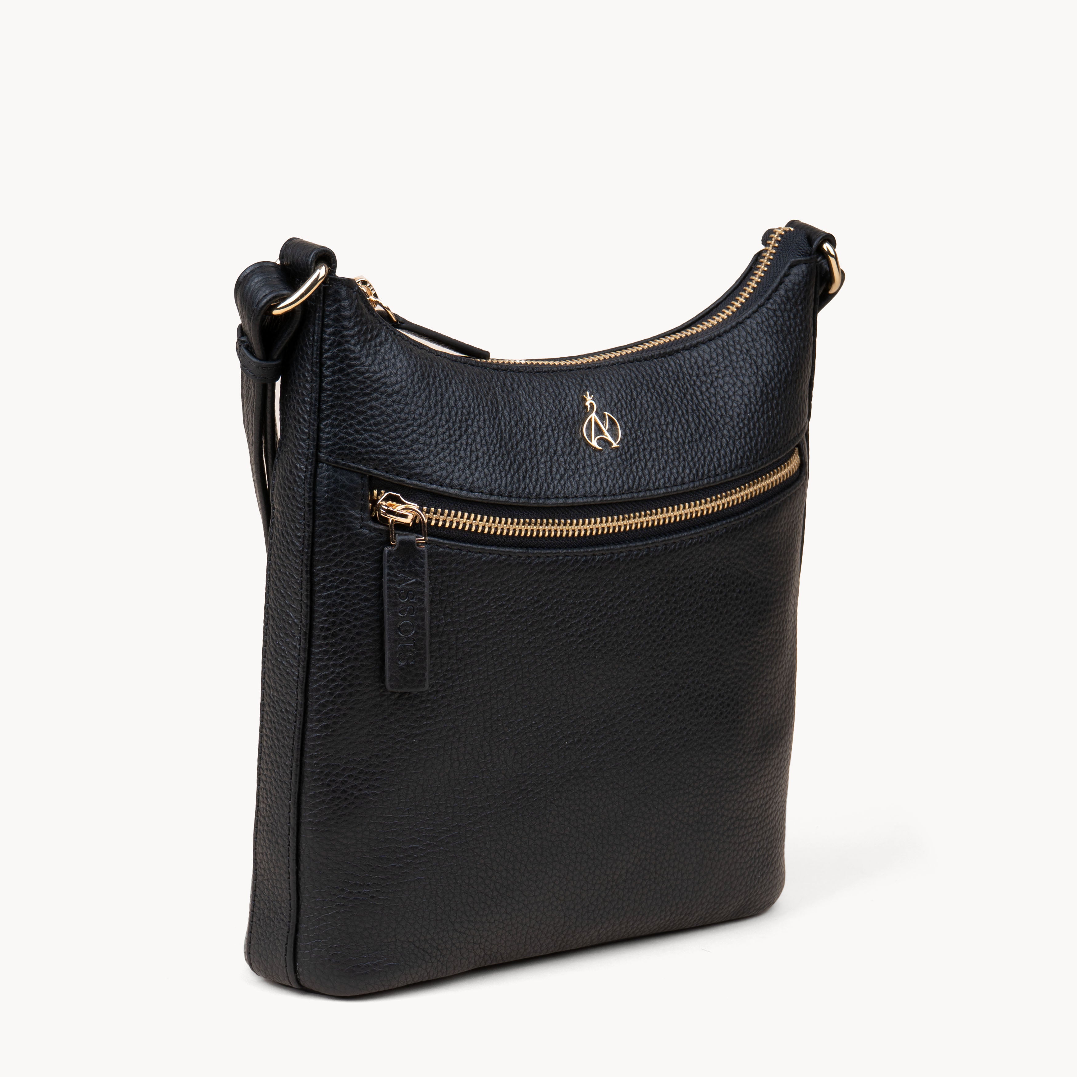 'SALLY' Black Pebble Grain Real Leather Crossbody Bag