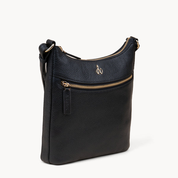 'SALLY' Black Pebble Grain Real Leather Crossbody Bag