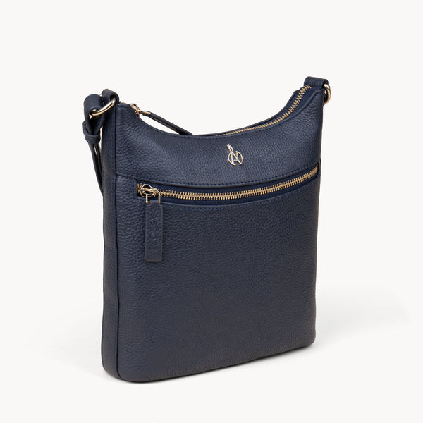 'SALLY' Navy Pebble Grain Real Leather Crossbody Bag
