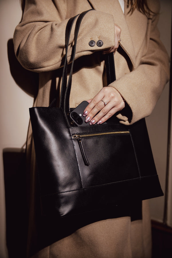 'MILLIE' Black Polished VT Real Leather Designer Tote Work Bag