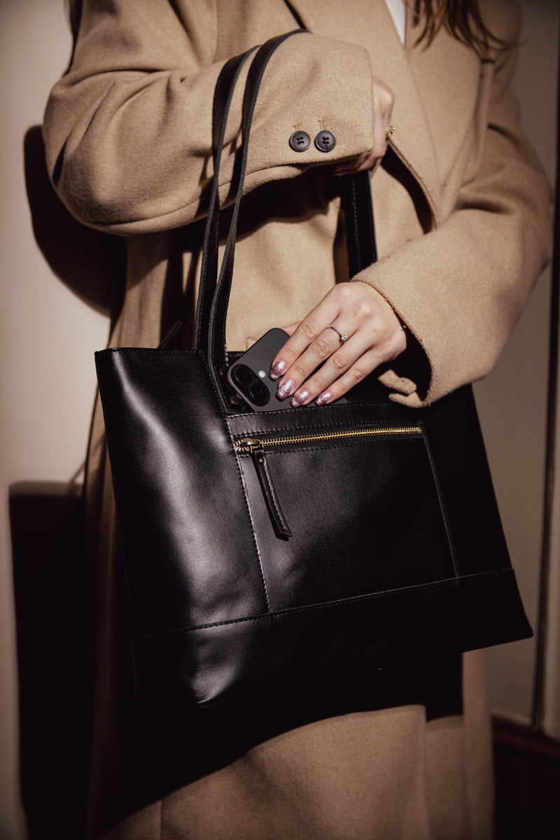 'MILLIE' Black Polished VT Real Leather Designer Tote Work Bag