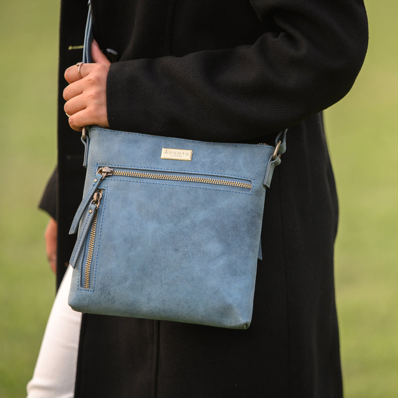 'RUE' Distressed Denim Real Leather Crossbody Bag