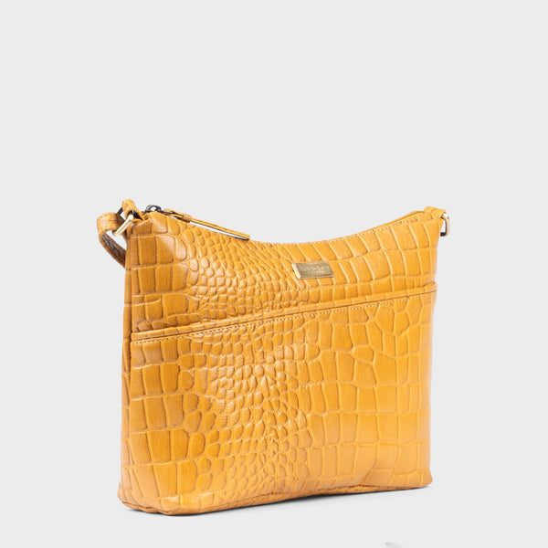'CAROL' Mustard Croc Real Leather Designer Crossbody Shoulder Bag
