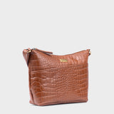 'CAROL' Tan Croc Real Leather Designer Crossbody Shoulder Bag