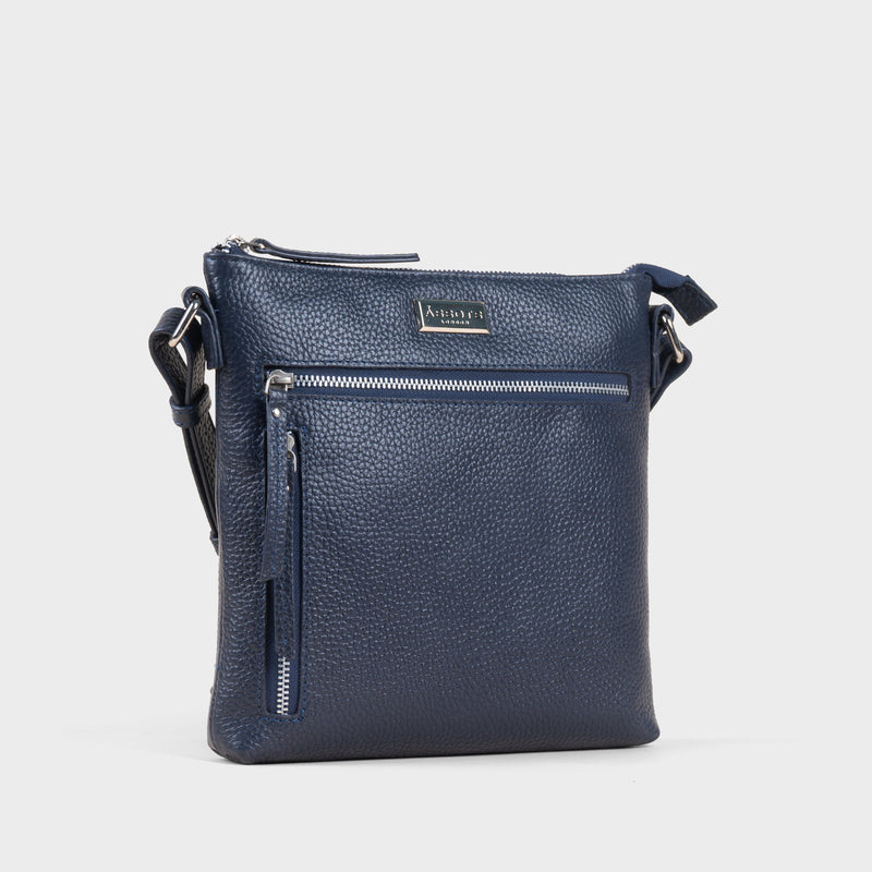 'RUE' Navy Pebble Grain Real Leather Crossbody Bag